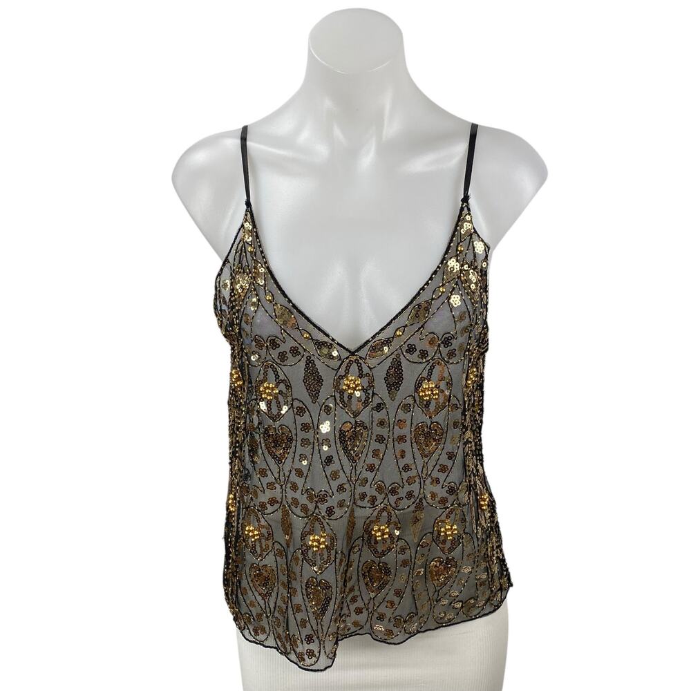 NEW Edyisa Cristina Embellished Women's Gold Sequin Sheer Mesh Cami Tank Top S/M